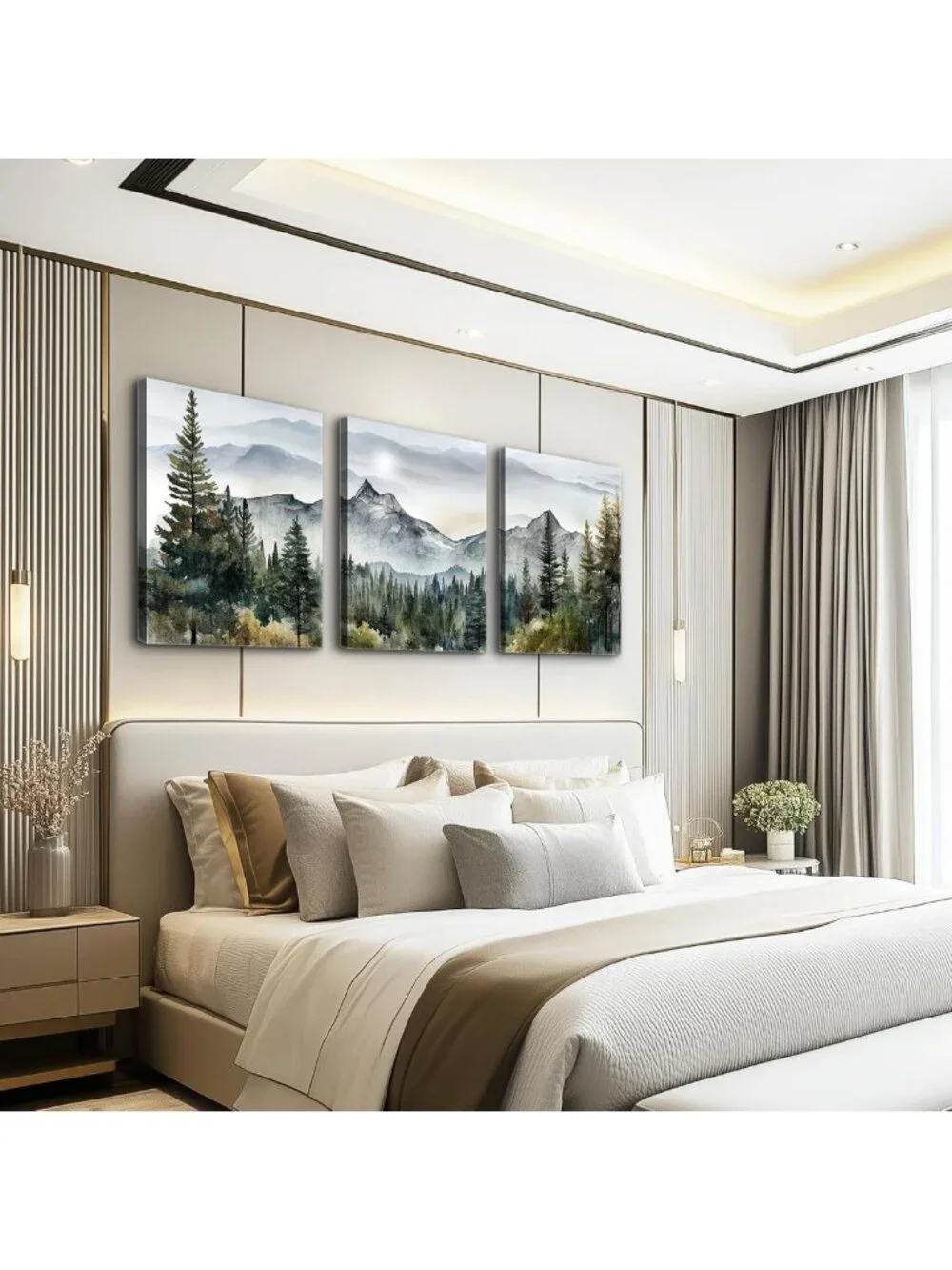 Modern Abstract Mountain Forest Canvas Art Prints - 3 Piece Framed Wall Decor